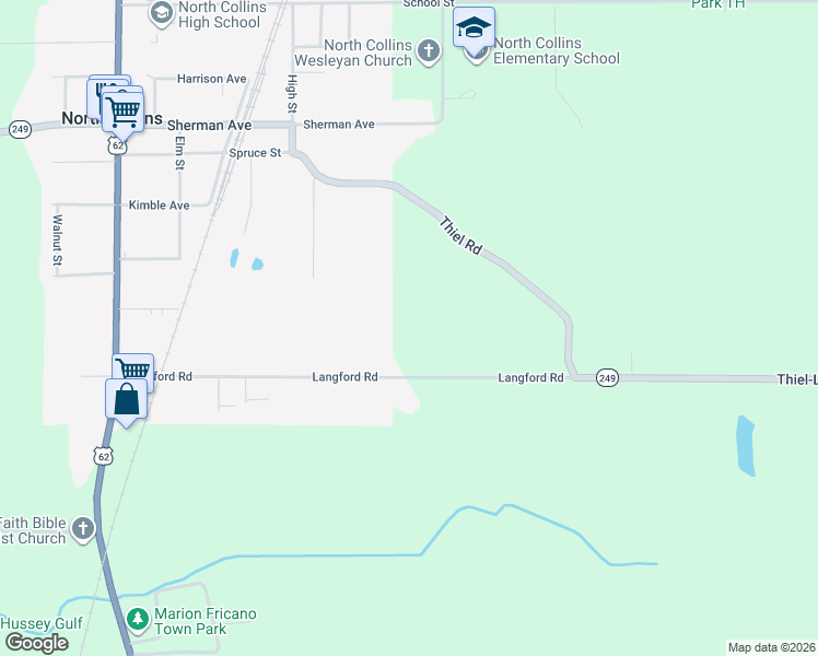 map of restaurants, bars, coffee shops, grocery stores, and more near 2210 Langford Rd in North Collins