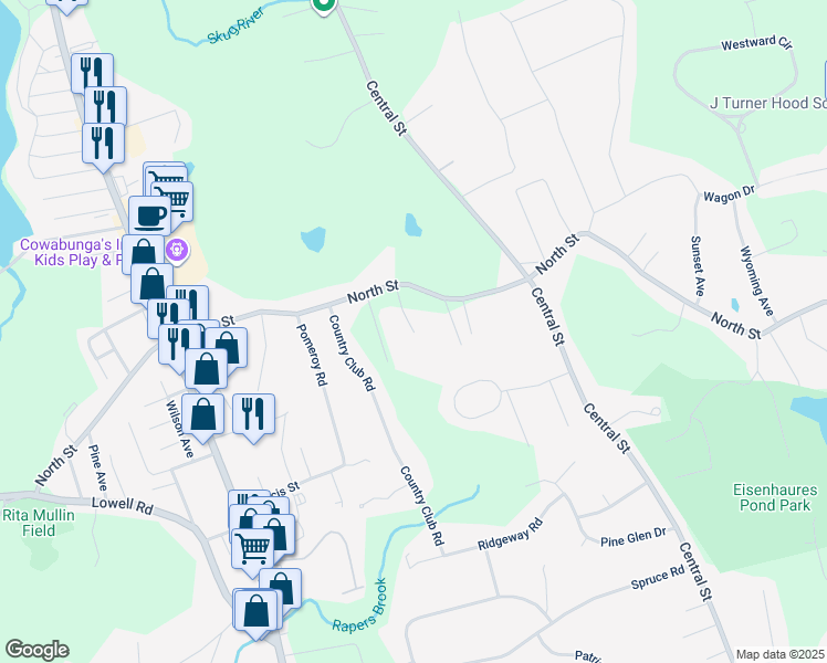 map of restaurants, bars, coffee shops, grocery stores, and more near 42 Pomeroy Road in North Reading