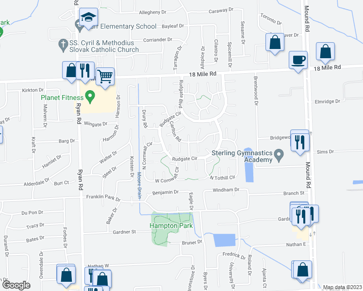 map of restaurants, bars, coffee shops, grocery stores, and more near 4760 Runton Court in Sterling Heights