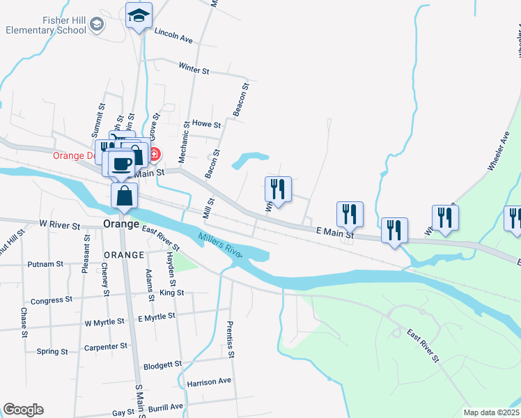 map of restaurants, bars, coffee shops, grocery stores, and more near 179 East Main Street in Orange