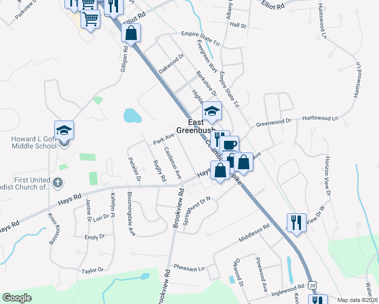 map of restaurants, bars, coffee shops, grocery stores, and more near 19 Mountain View Avenue in East Greenbush