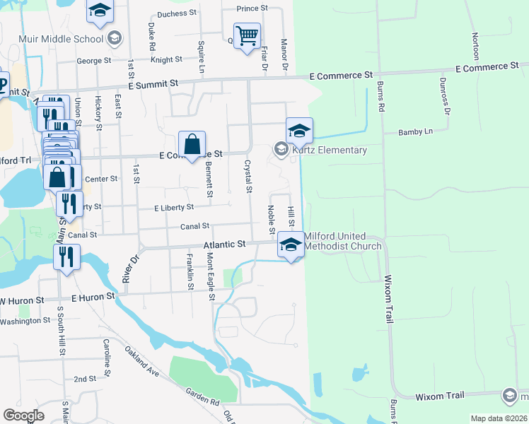 map of restaurants, bars, coffee shops, grocery stores, and more near 250 Noble Street in Milford Charter Township