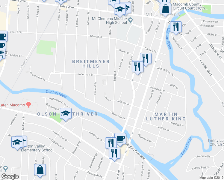 map of restaurants, bars, coffee shops, grocery stores, and more near 118 Smith Street in Mount Clemens