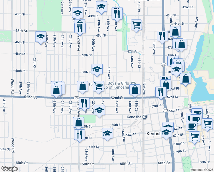 map of restaurants, bars, coffee shops, grocery stores, and more near 5101 18th Avenue in Kenosha