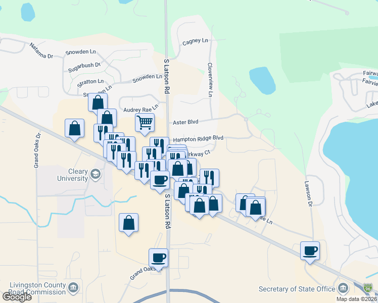 map of restaurants, bars, coffee shops, grocery stores, and more near 4095 Kirkway Court in Howell