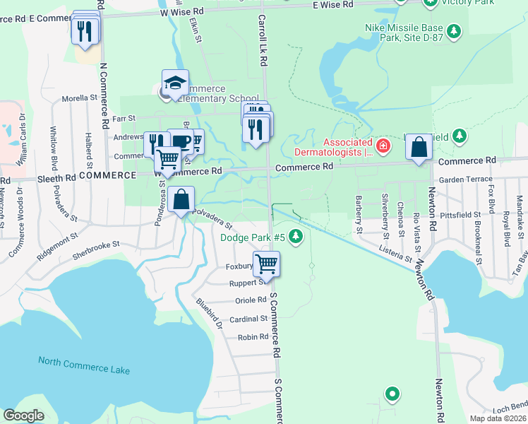 map of restaurants, bars, coffee shops, grocery stores, and more near 4553 South Commerce Road in Oakland County