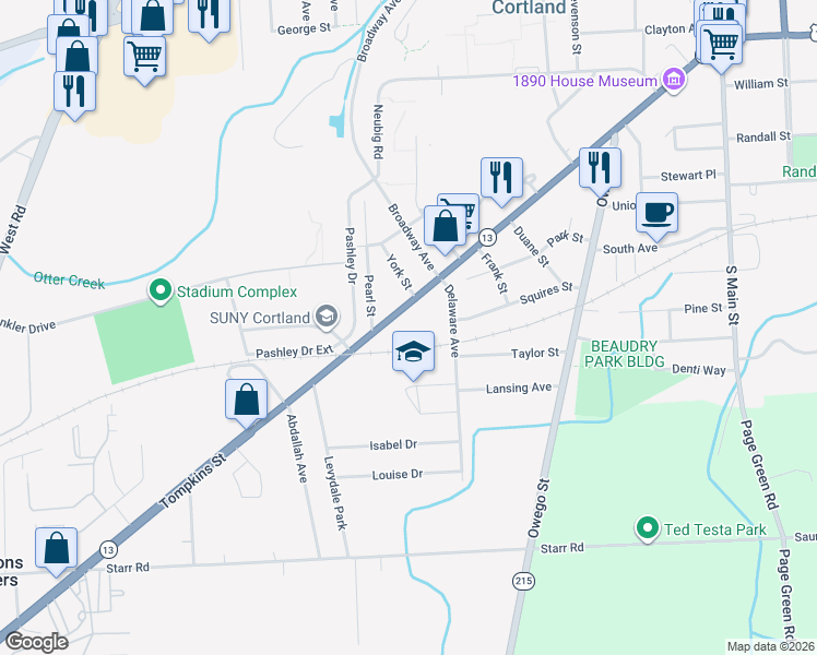map of restaurants, bars, coffee shops, grocery stores, and more near 187 Tompkins Street in Cortland
