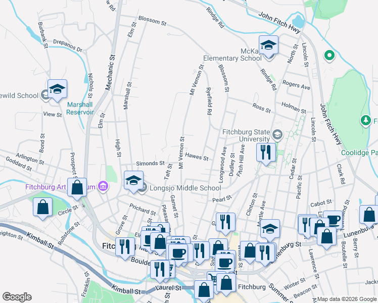 map of restaurants, bars, coffee shops, grocery stores, and more near 33 Hawes Street in Fitchburg