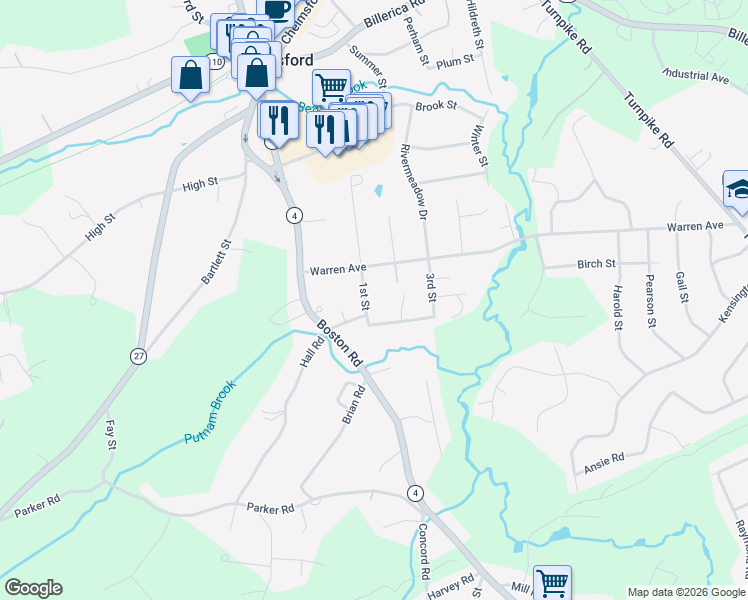 map of restaurants, bars, coffee shops, grocery stores, and more near 12 1st Street in Chelmsford