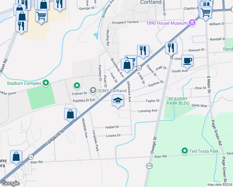 map of restaurants, bars, coffee shops, grocery stores, and more near 187 Tompkins Street in Cortland