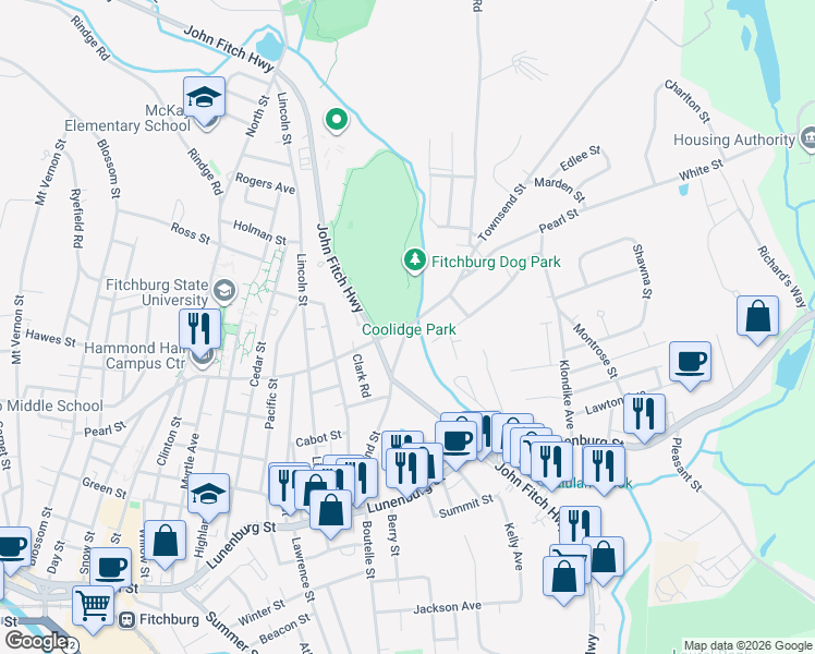 map of restaurants, bars, coffee shops, grocery stores, and more near 196 Townsend Street in Fitchburg