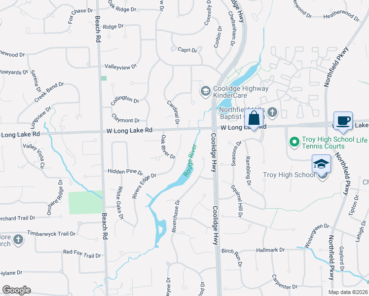 map of restaurants, bars, coffee shops, grocery stores, and more near 4927 Rivers Edge Drive in Troy