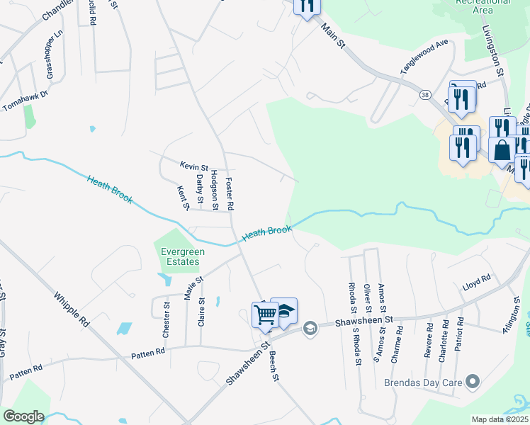 map of restaurants, bars, coffee shops, grocery stores, and more near 352 Foster Road in Tewksbury