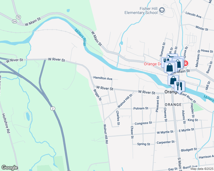 map of restaurants, bars, coffee shops, grocery stores, and more near 208 West River Street in Orange