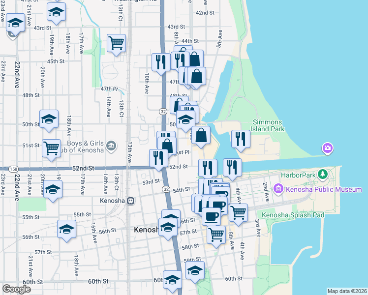 map of restaurants, bars, coffee shops, grocery stores, and more near 716 51st Place in Kenosha