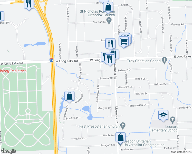 map of restaurants, bars, coffee shops, grocery stores, and more near 4873 Heatherbrook Drive in Troy