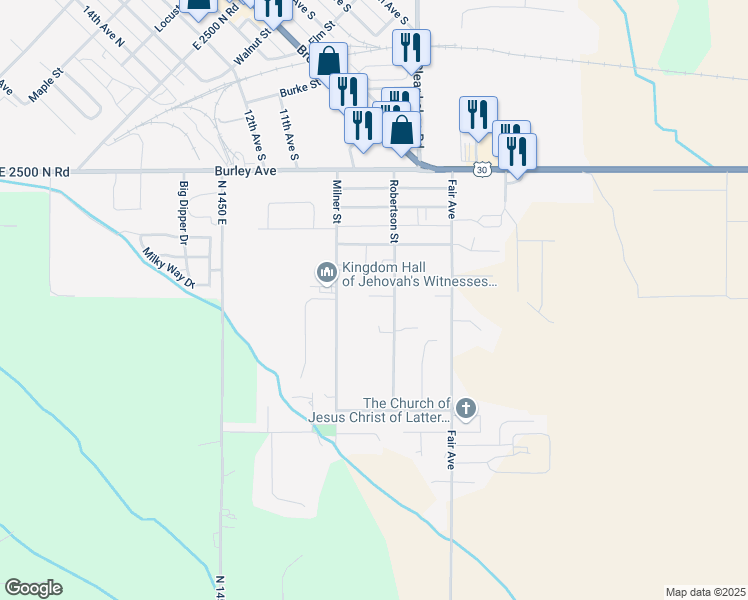 map of restaurants, bars, coffee shops, grocery stores, and more near 910 Robertson Street in Buhl