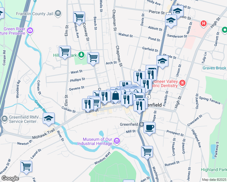 map of restaurants, bars, coffee shops, grocery stores, and more near 69 Wells Street in Greenfield