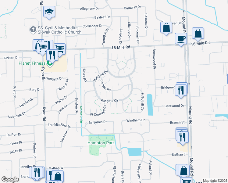 map of restaurants, bars, coffee shops, grocery stores, and more near 4798 Beacon Road in Sterling Heights
