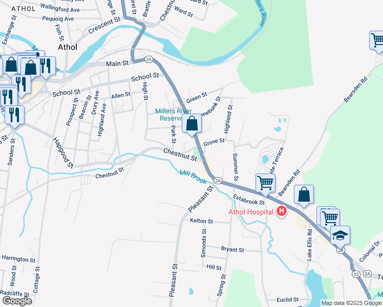 map of restaurants, bars, coffee shops, grocery stores, and more near 1545 Main Street in Athol