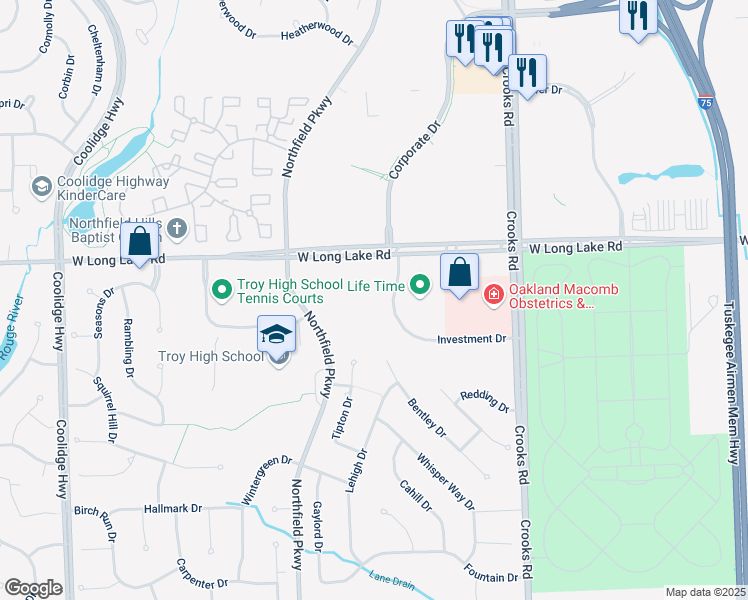 map of restaurants, bars, coffee shops, grocery stores, and more near 1301 West Long Lake Road in Troy