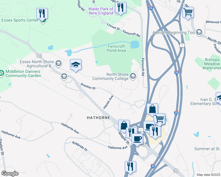 map of restaurants, bars, coffee shops, grocery stores, and more near 42 Preston Street in Danvers