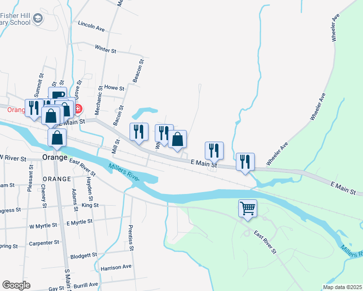 map of restaurants, bars, coffee shops, grocery stores, and more near 23 Jones St in Orange