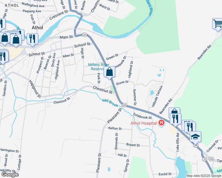 map of restaurants, bars, coffee shops, grocery stores, and more near 1545 Main Street in Athol