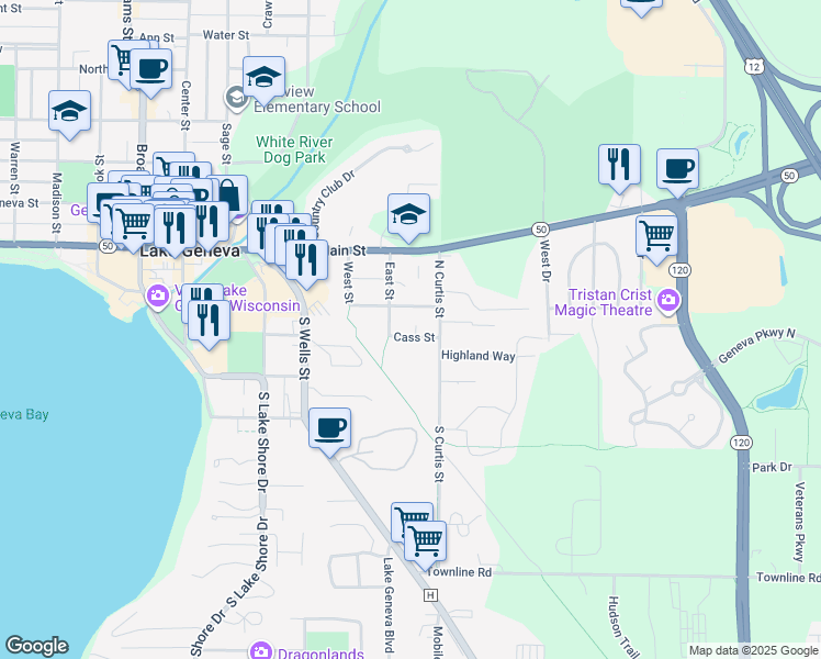 map of restaurants, bars, coffee shops, grocery stores, and more near 137 Cass Street in Lake Geneva