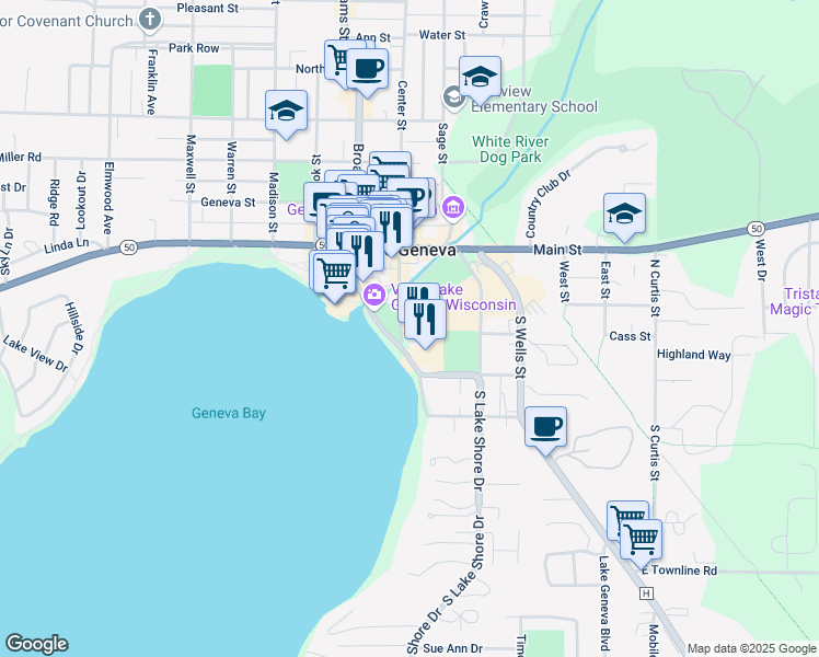 map of restaurants, bars, coffee shops, grocery stores, and more near 111 Center Street in Lake Geneva