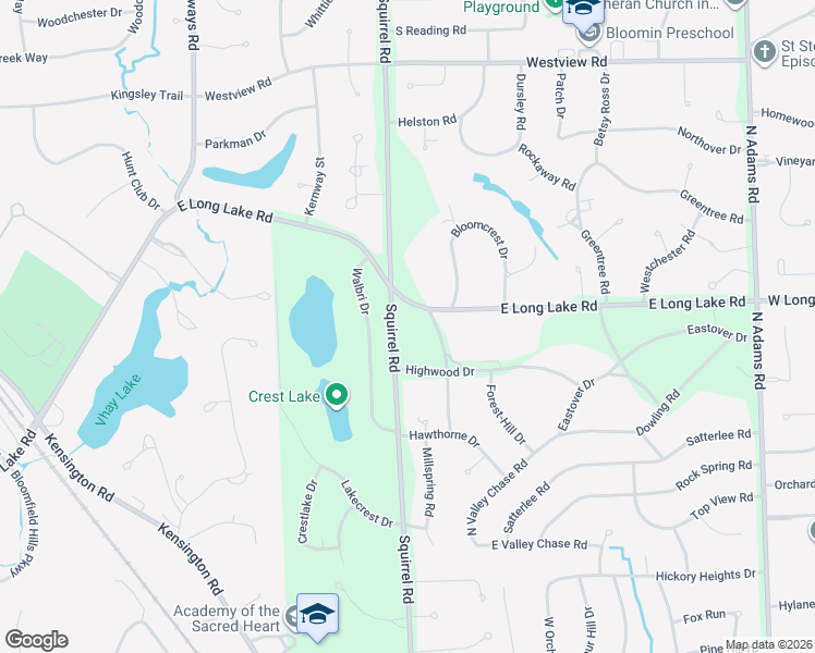 map of restaurants, bars, coffee shops, grocery stores, and more near 3525 Squirrel Road in Bloomfield Hills