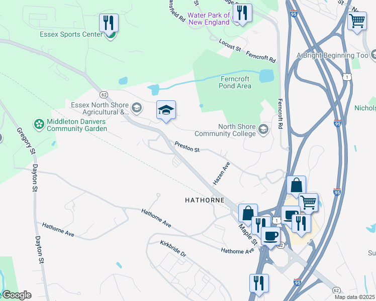 map of restaurants, bars, coffee shops, grocery stores, and more near 13 Preston Street in Danvers
