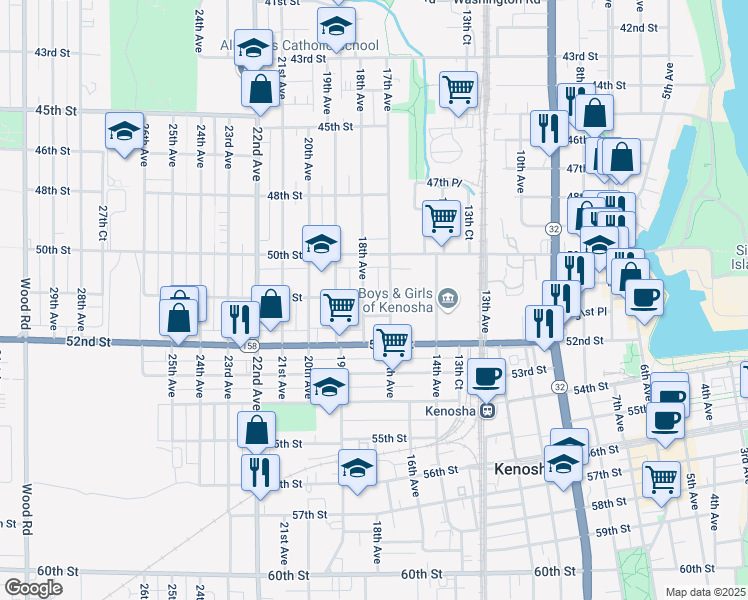 map of restaurants, bars, coffee shops, grocery stores, and more near 5101 18th Avenue in Kenosha