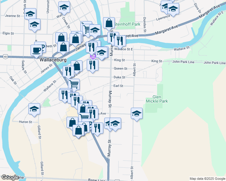 map of restaurants, bars, coffee shops, grocery stores, and more near 445 Murray Street in Wallaceburg