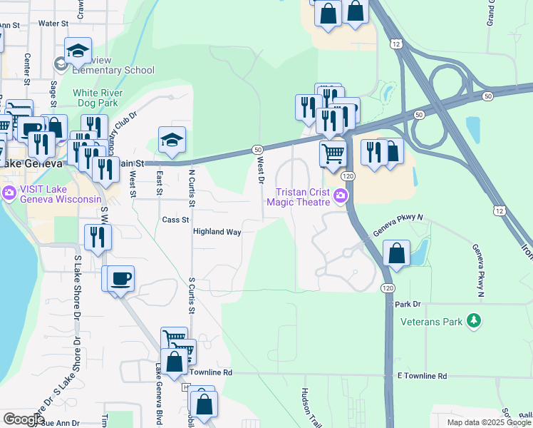 map of restaurants, bars, coffee shops, grocery stores, and more near 3209 West Drive in Lake Geneva