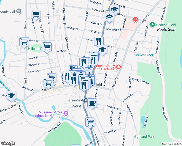 map of restaurants, bars, coffee shops, grocery stores, and more near 54 Federal Street in Greenfield