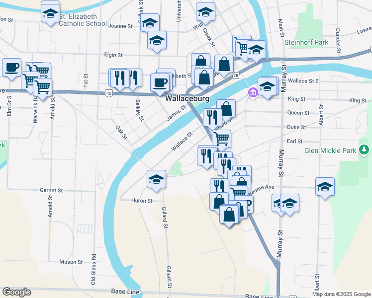 map of restaurants, bars, coffee shops, grocery stores, and more near 414 Gillard Street in Chatham-Kent