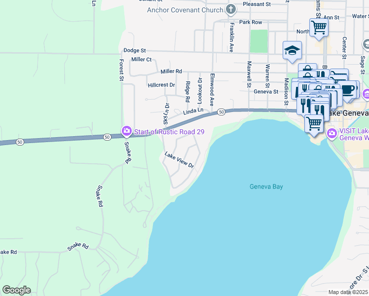 map of restaurants, bars, coffee shops, grocery stores, and more near 1561 Evergreen Ln in Lake Geneva