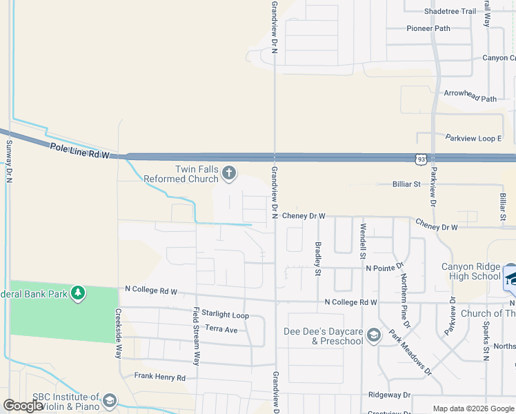 map of restaurants, bars, coffee shops, grocery stores, and more near 1605 Grandview Drive North in Twin Falls