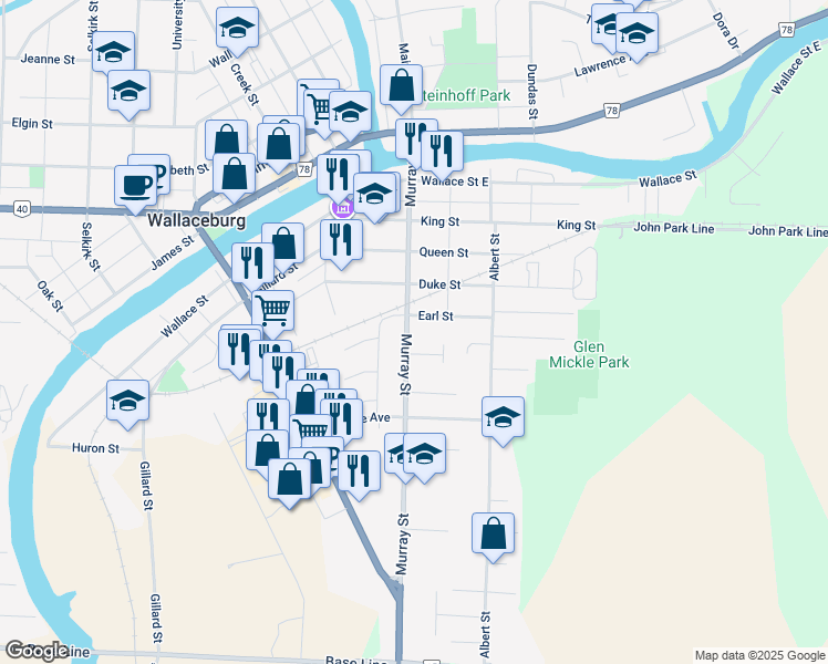 map of restaurants, bars, coffee shops, grocery stores, and more near 445 Murray Street in Wallaceburg