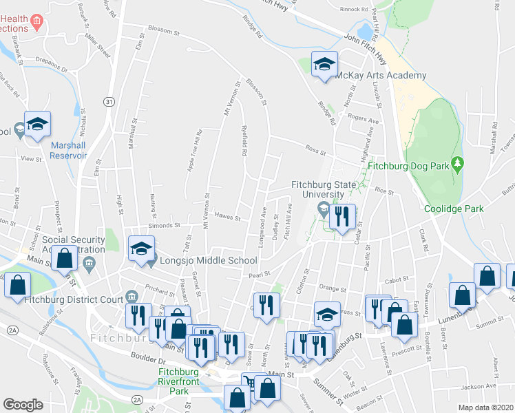 map of restaurants, bars, coffee shops, grocery stores, and more near 279 Blossom Street in Fitchburg
