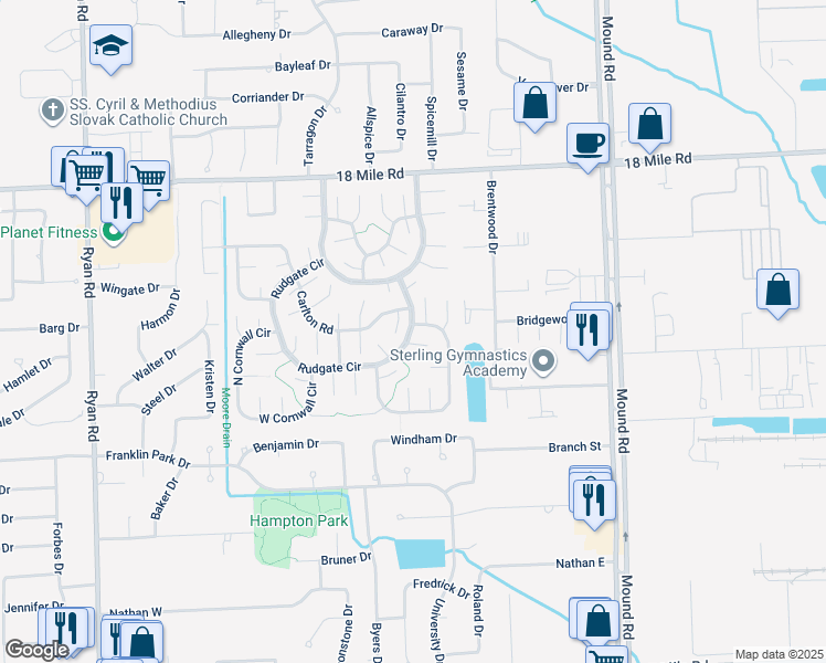 map of restaurants, bars, coffee shops, grocery stores, and more near 40002 North Tothill Circle in Sterling Heights