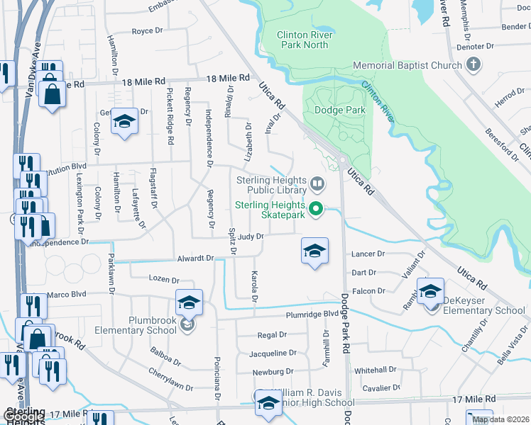 map of restaurants, bars, coffee shops, grocery stores, and more near 40171 Diane Drive in Sterling Heights