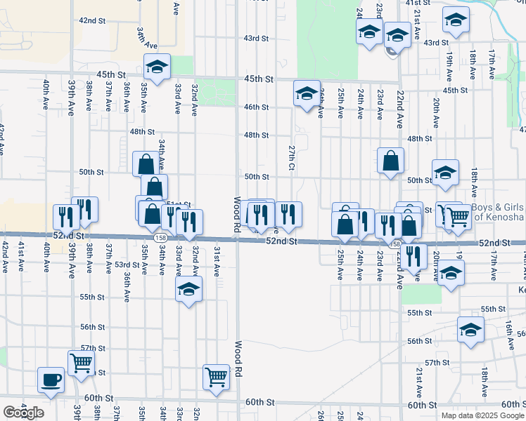 map of restaurants, bars, coffee shops, grocery stores, and more near 5104 29th Avenue in Kenosha