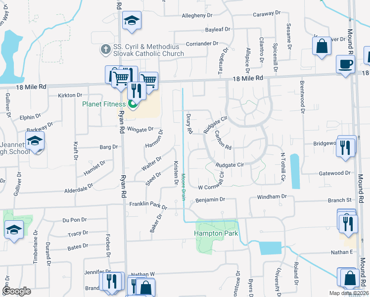 map of restaurants, bars, coffee shops, grocery stores, and more near 40055 Ransley Court in Sterling Heights