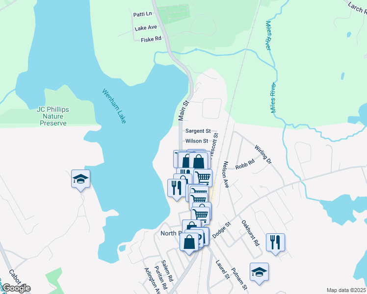 map of restaurants, bars, coffee shops, grocery stores, and more near 73 Enon Street in Beverly