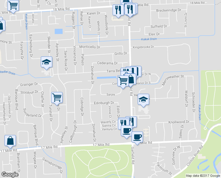 map of restaurants, bars, coffee shops, grocery stores, and more near 16568 Congress Drive in Clinton Township
