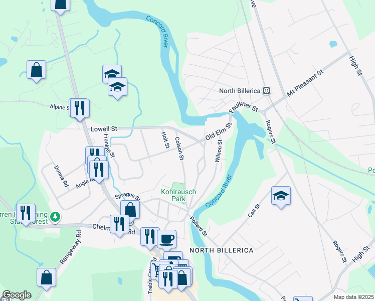 map of restaurants, bars, coffee shops, grocery stores, and more near 38 Old Elm Street in Billerica