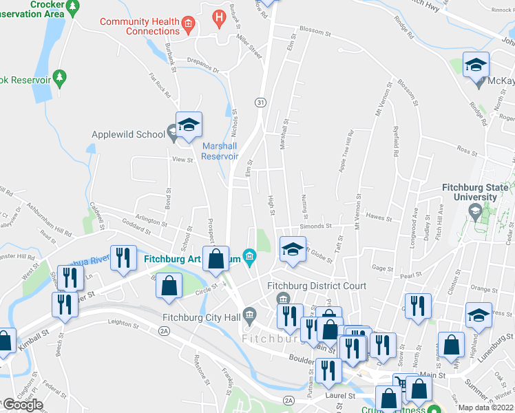 map of restaurants, bars, coffee shops, grocery stores, and more near 294 Elm Street in Fitchburg
