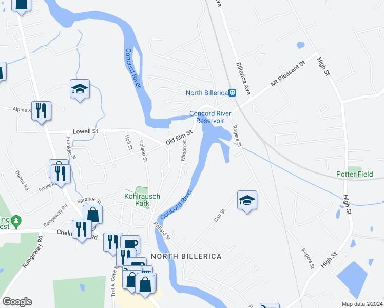 map of restaurants, bars, coffee shops, grocery stores, and more near 20-22 Wilson Street in Billerica